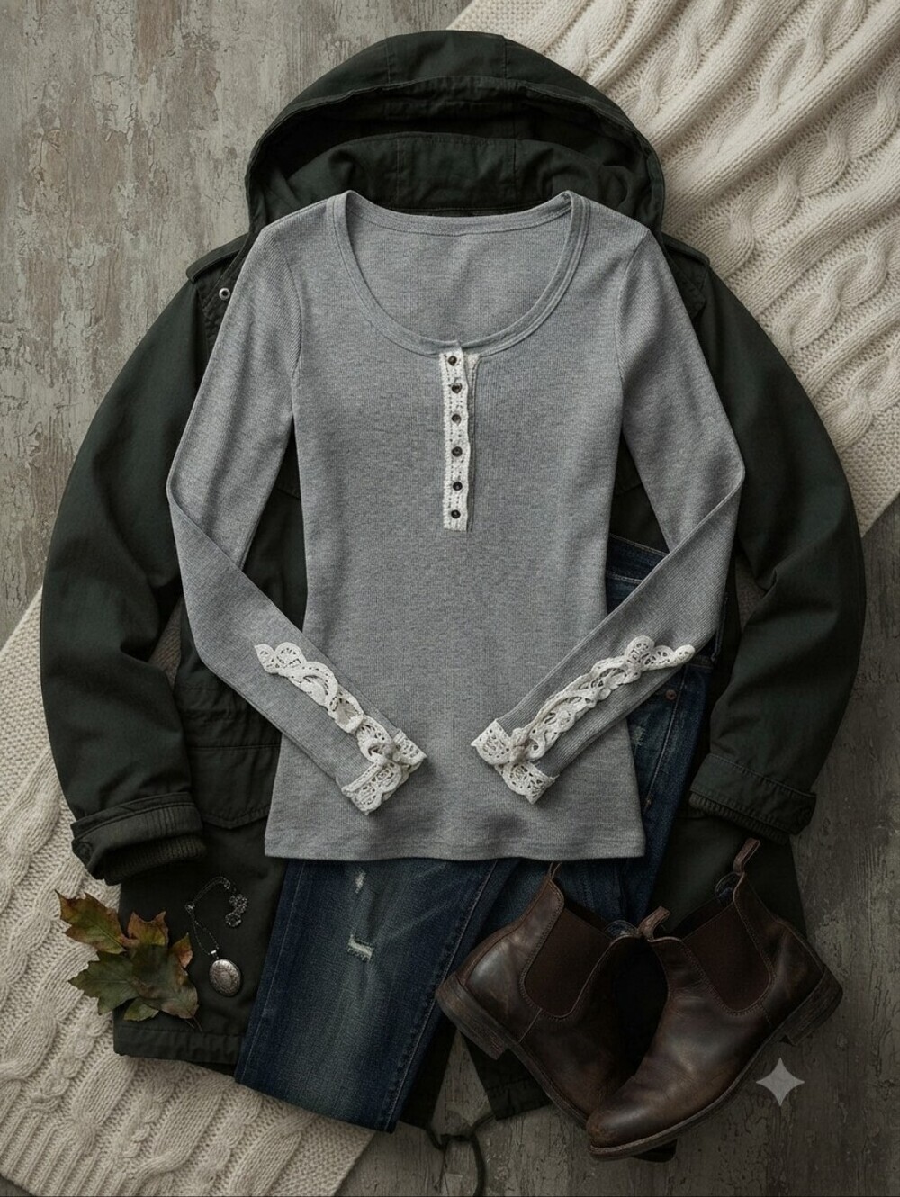 Abercrombie & Fitch Gray Ribbed Long Sleeve Henley Top With Crochet Detail